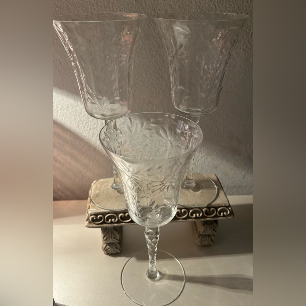 3 Vintage, Etched Crystal Wine Glass w/faceted Stem. Floral pattern.
